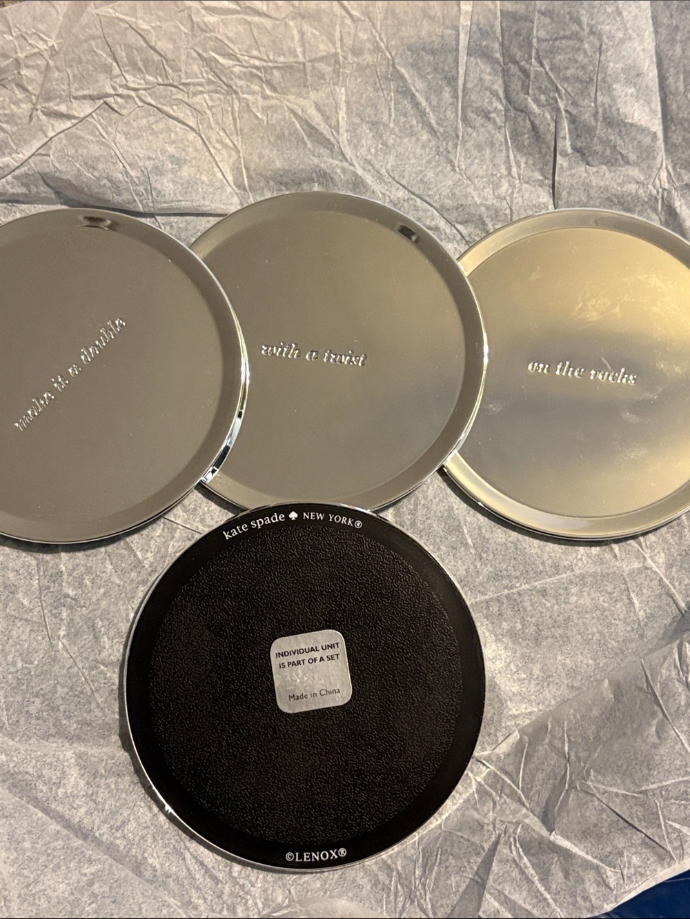 Kate Spade Silver Tone Round Metal Drink Coasters - Set of 4 NIB - Picture 3 of 5
